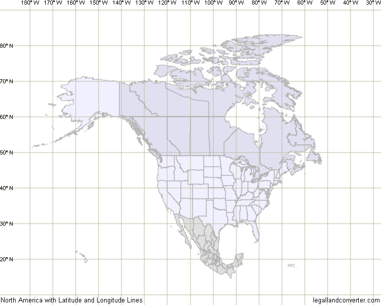 Click for larger Map of North America showing Canada, USA and Mexico with Latitude and Longitude Grid
