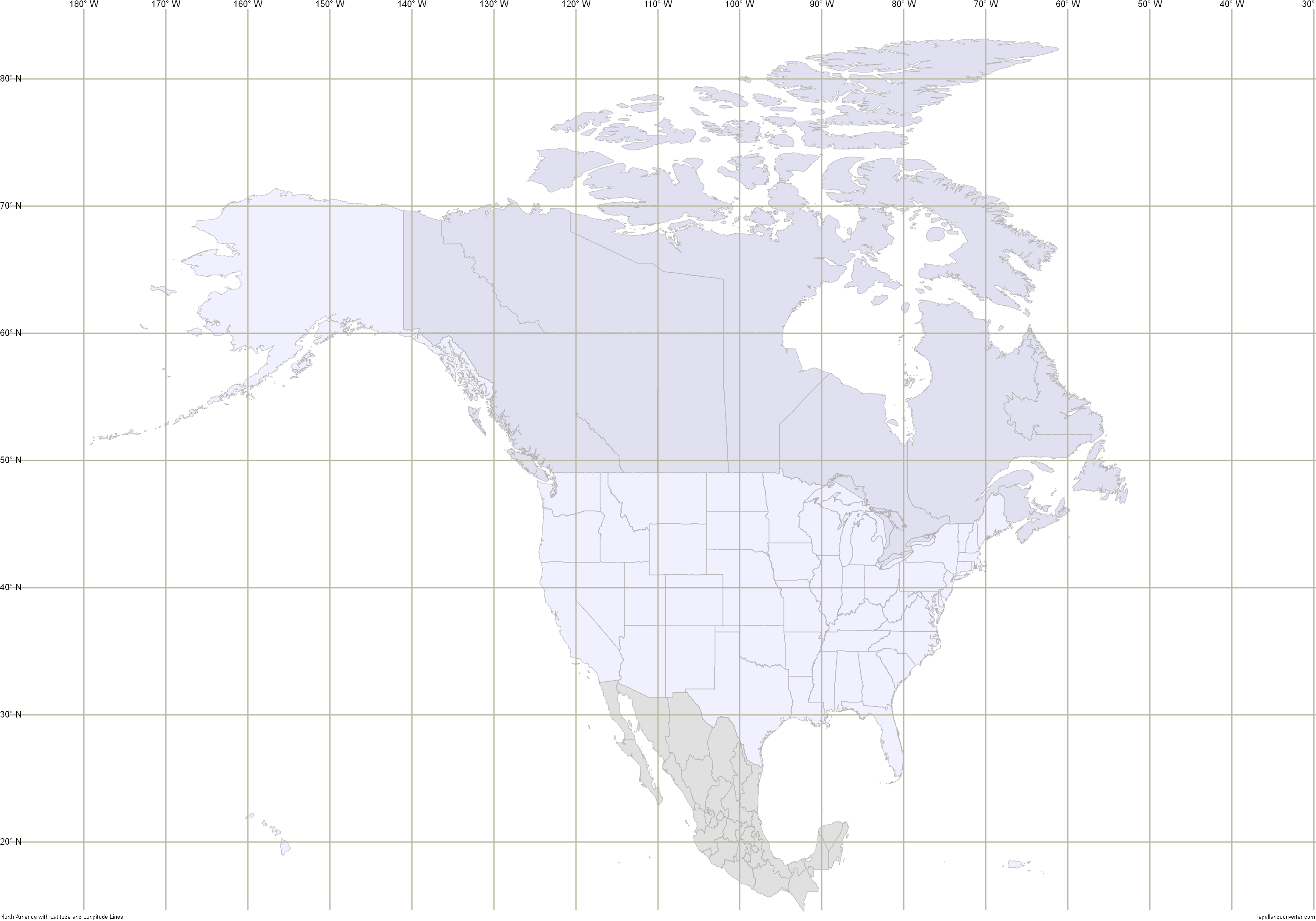 Longitude And Latitude Map Of North America Map of North America with Latitude and Longitude Grid