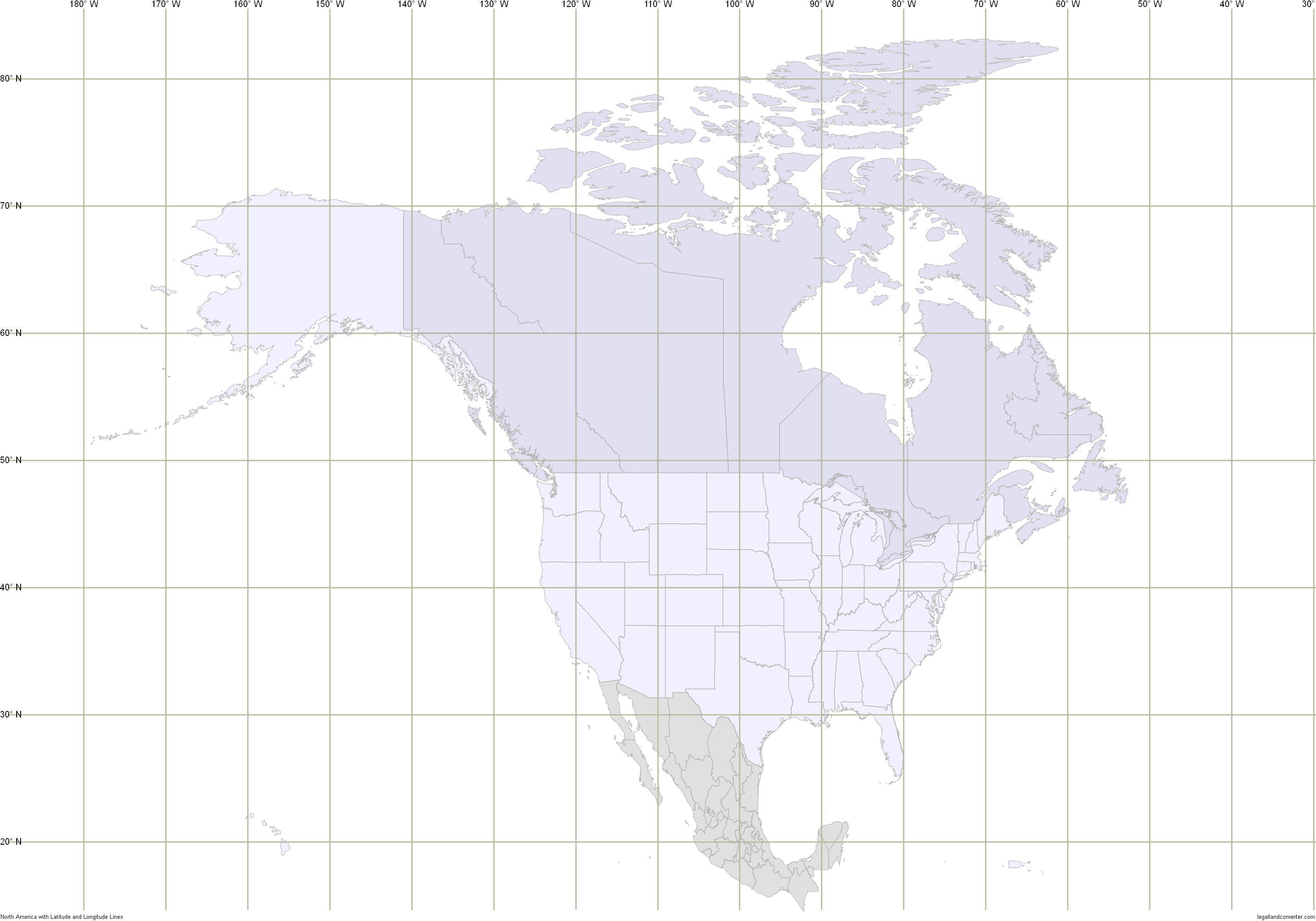 map of north america with latitude and longitude grid