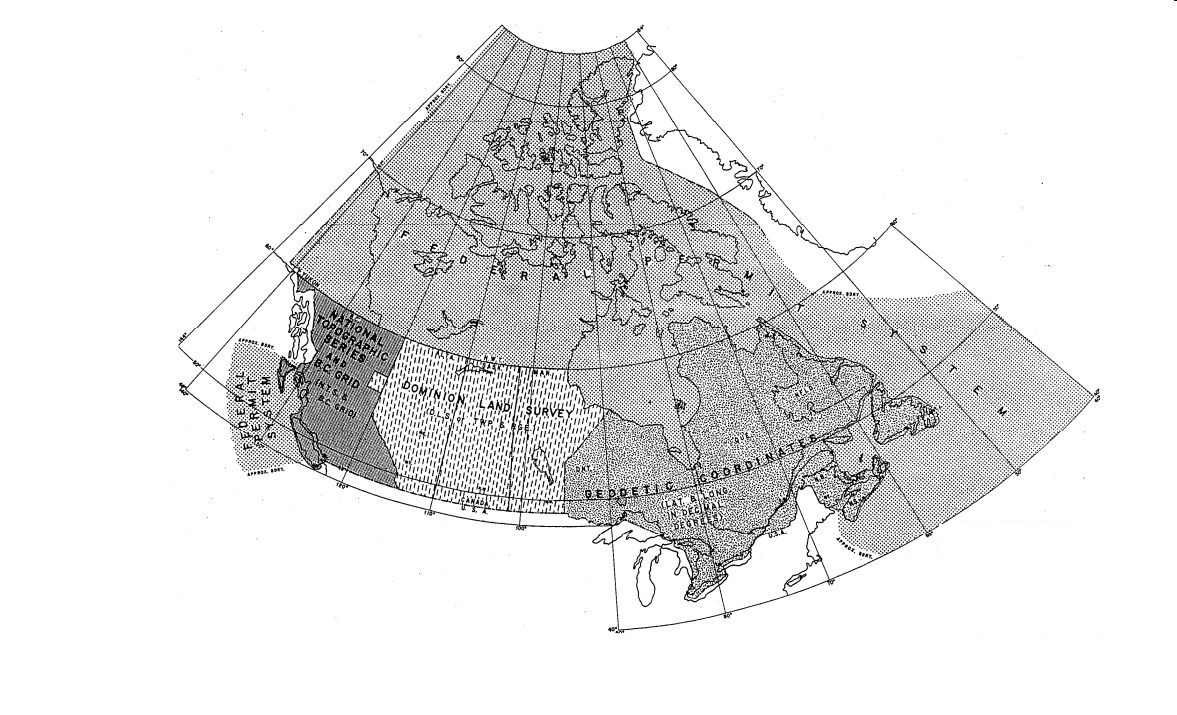 Map showing areas in Canada covered by DLS, NTS, FPS and Geodecitc Systems