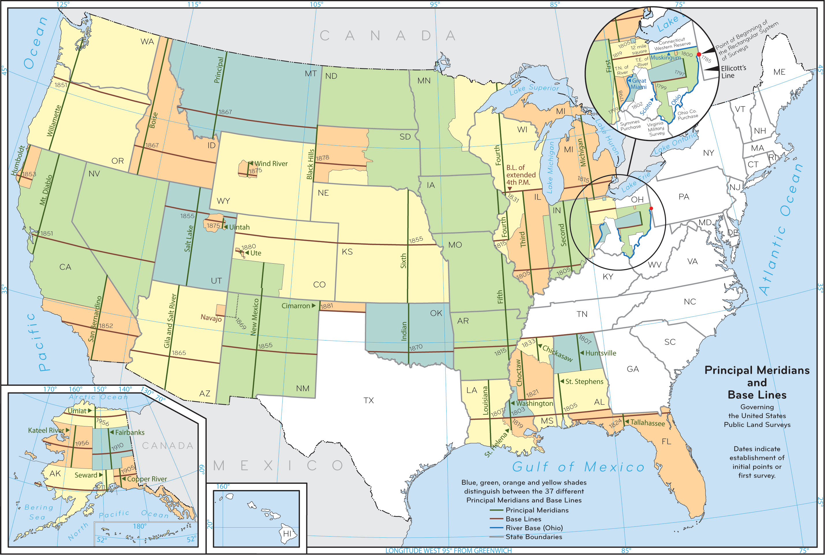 US Public Land Survey System - Principal Meridians and Base Lines